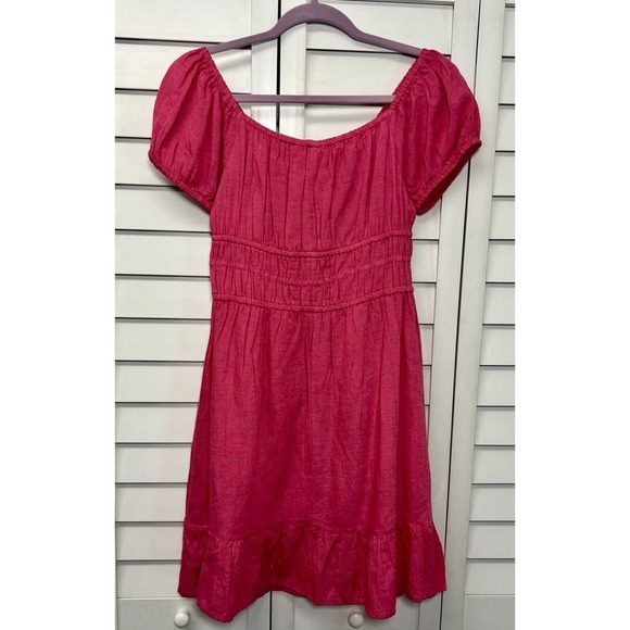 Sim & Sam Linen Blend Puff Sleeve Mini Dress Sundress Size Medium Hot Pink NWT - Picture 6 of 11